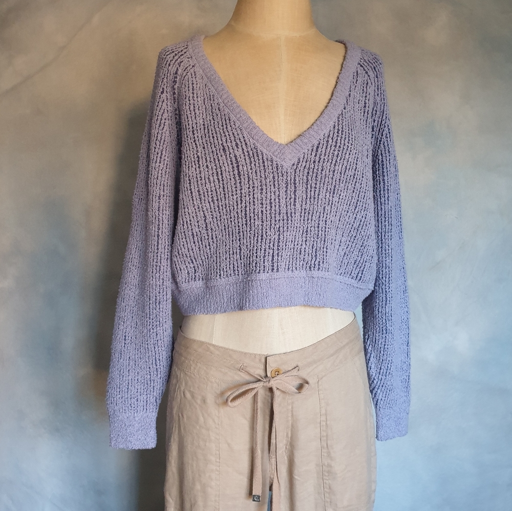 Free People High Low Purple Combo Textured V-Neck Relaxed Fit Comfy Sweater Sm - Picture 4 of 16